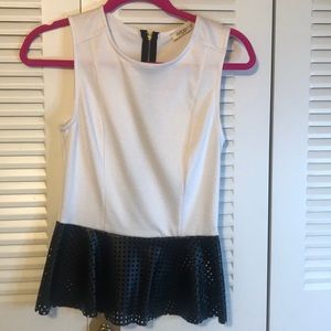 White Knit/Black Leather Perforated Peplum Top